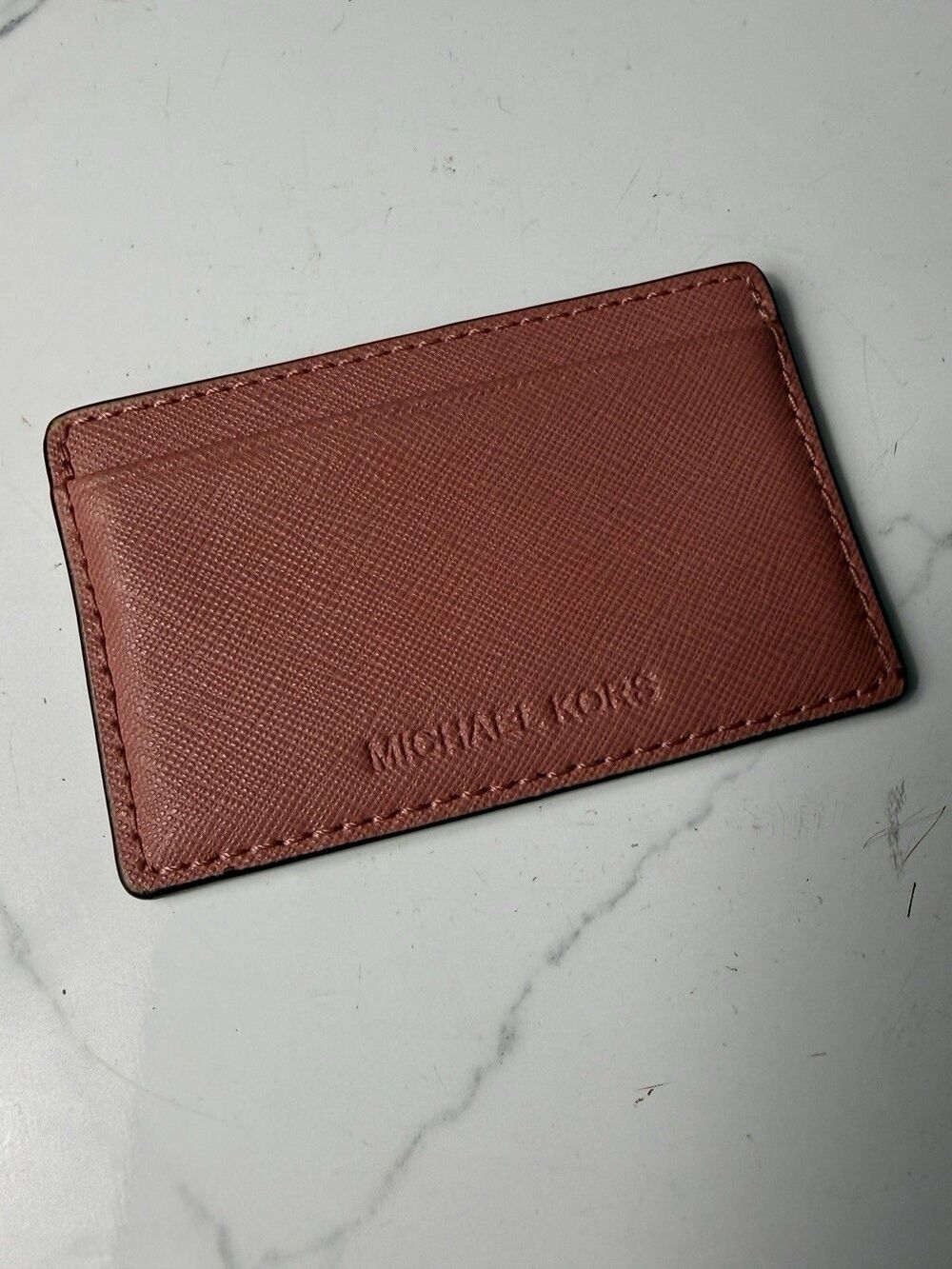 Michael Kors Jet Set Pebbled Leather Card Case Crimson Pink Wallet Credit Card S